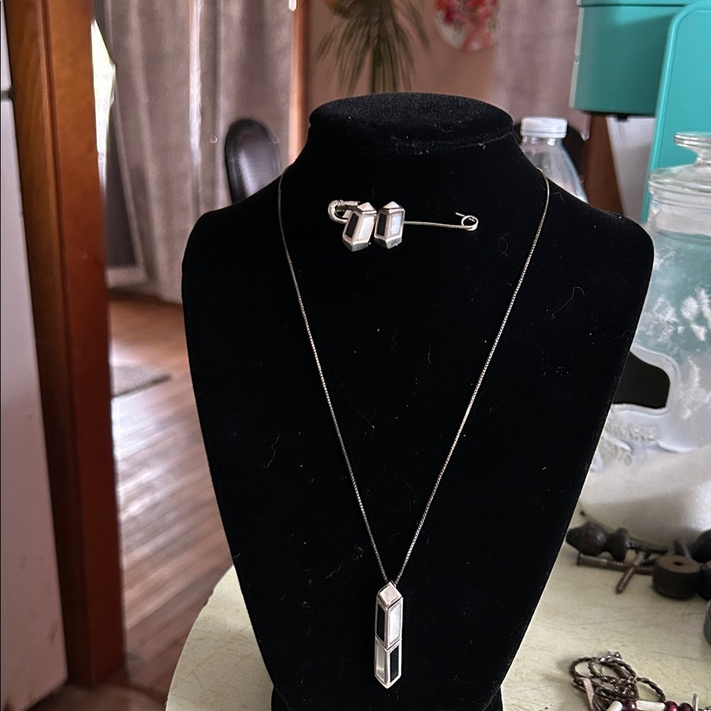 Sterling Silver onyx and mother of pearl pendant necklace and matching earrings